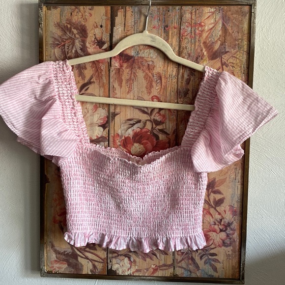LOVESHACKFANCY CROP TOP BLOUSE FLUTTER SLEEVE TOP BABY PINK S - Picture 3 of 14